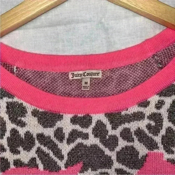 Juicy Couture Womens M Metallic Leopard Print Pullover Sweater Pink Logo Gray - Picture 6 of 9